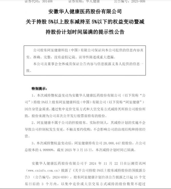 遭阿里健康減持，安徽連鎖藥店龍頭華人健康陷擴(kuò)張后遺癥
