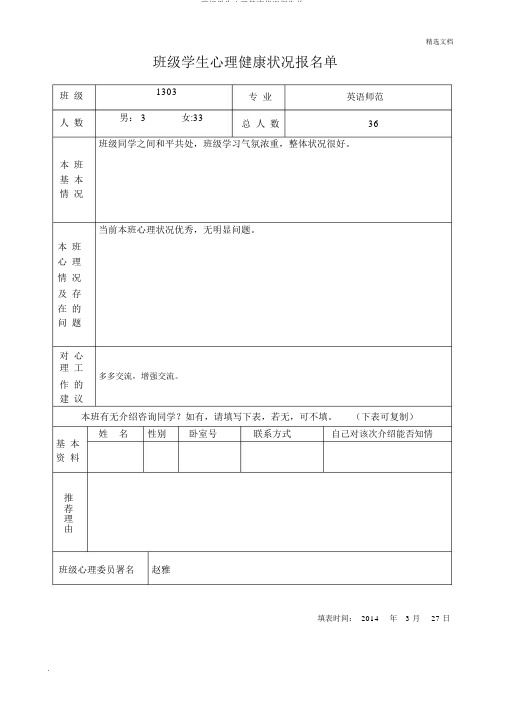 班级学生心理健康情况报告单