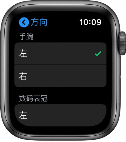 Apple Watch 上的“方向”屏幕。您可以設(shè)置佩戴手腕和數(shù)碼表冠的偏好設(shè)置。