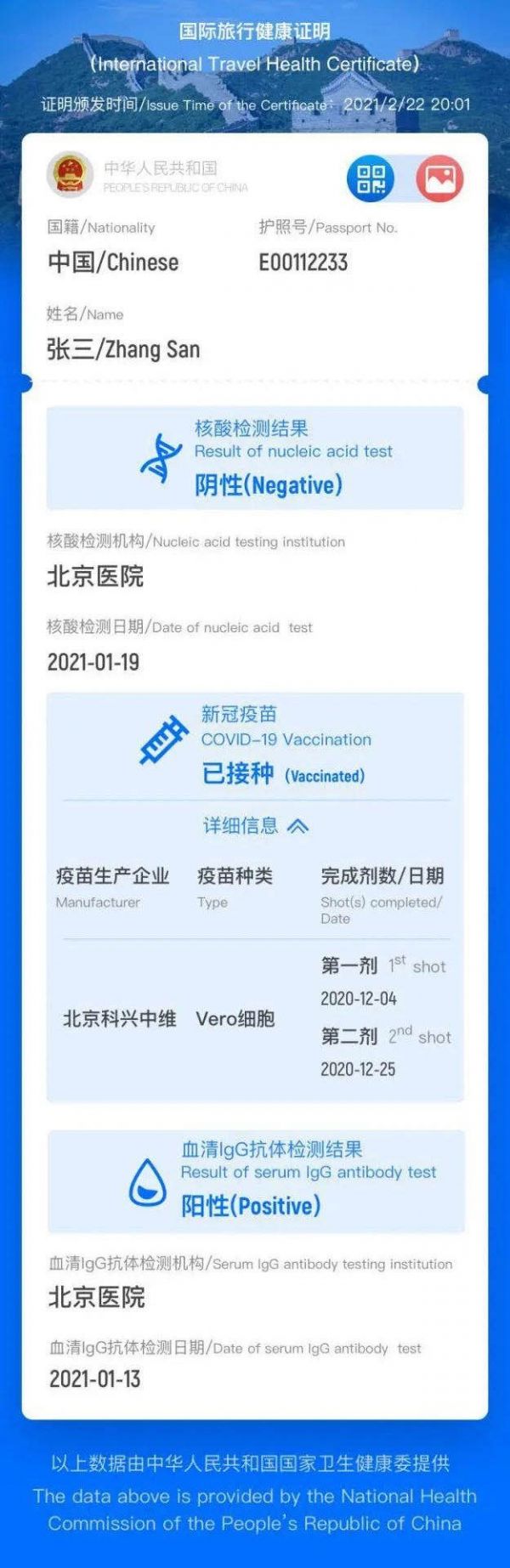 (中國版“國際旅行健康證明”電子版樣例)