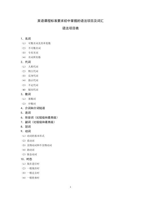 (完整版)英語課程標(biāo)準(zhǔn)要求初中掌握的語法項(xiàng)目及詞匯