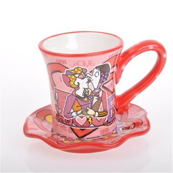 简约彩绘陶瓷爱人粉色水杯