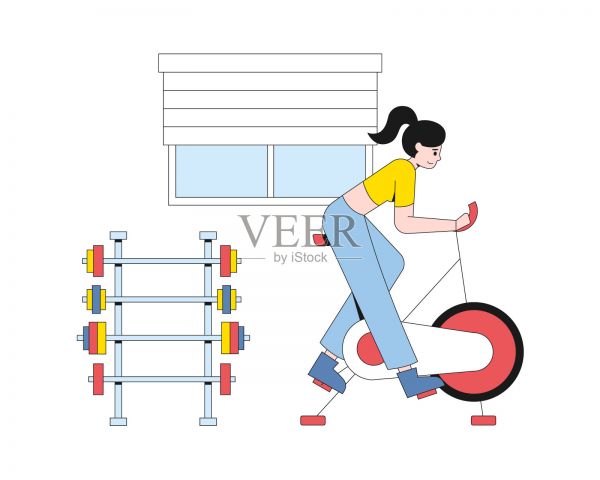 卡通女孩在健身房里騎自行車的插圖插畫圖片素材