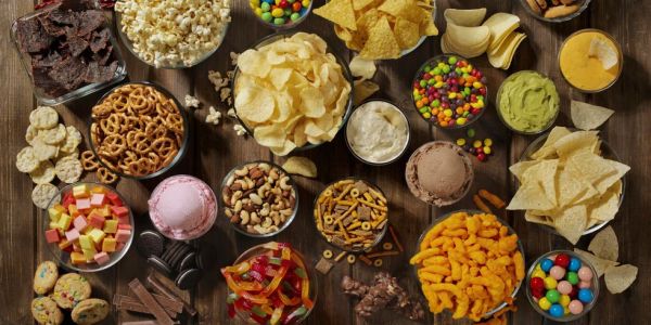 group of sweet and salty snacks, perfect for binge watching