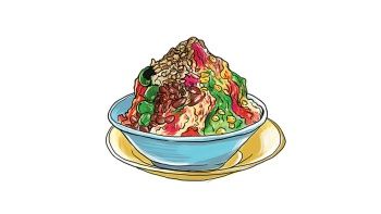 一碗七彩紅豆冰 (ice kachang)，內(nèi)含紅豆、甜玉米、亞答籽 （atap chee ，即棕櫚籽），再淋上色彩鮮艷的糖漿 