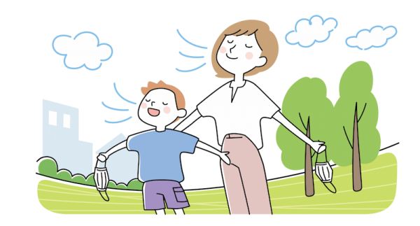 マスクを外して気持ち良さそうに外の空気を吸っている母親と男の子のイラスト