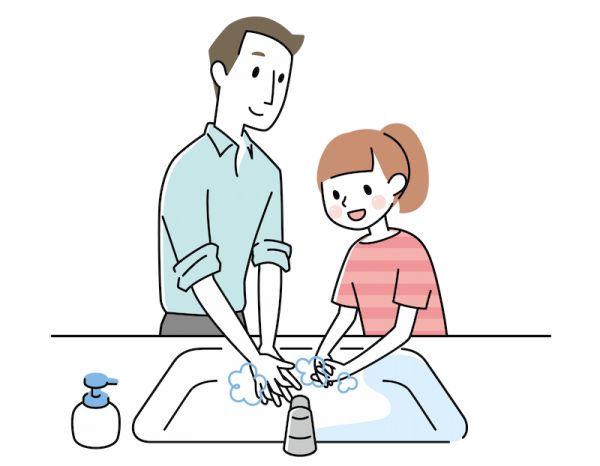 父親と女の子が洗面所で一緒に指の間まで手洗いをしているイラスト