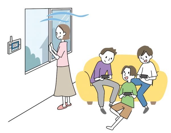 CO2モニターを見ながら窓を開けて換気を始める女性と男の子が友達(dá)と3人でゲームをしているイラスト