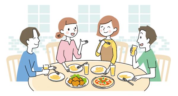 レストランで楽しそうに會(huì)話をしている男女4人のイラスト