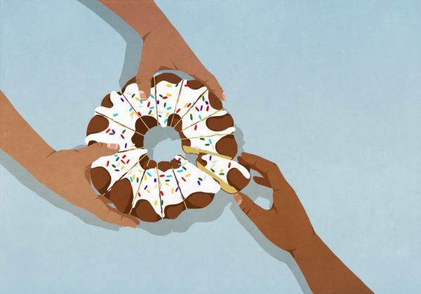 view from above hands reaching for slice of frosted bundt cake