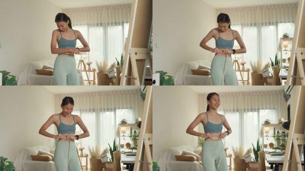 年輕的亞洲運動女性用卷尺測量身體完美苗條減肥在客廳的鏡子前在家里。飲食和健康減肥。