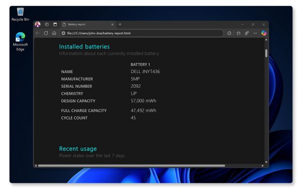 Windows 中的电池报告