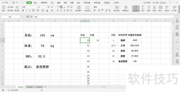 在Excel中的体重指数如何设置身高体重选择列表
