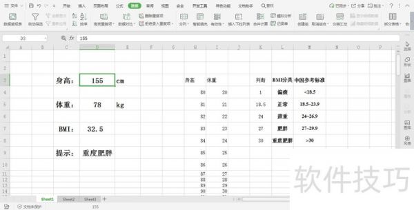 在Excel中的体重指数如何设置身高体重选择列表