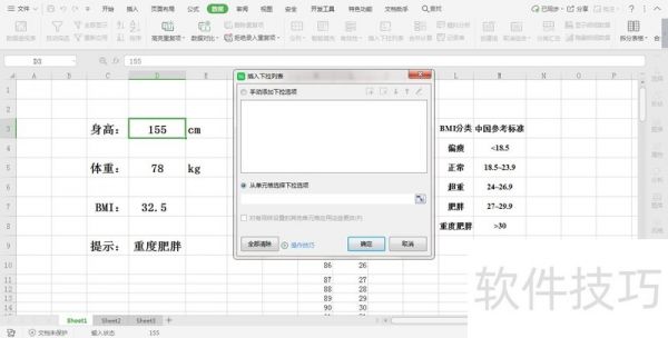 在Excel中的体重指数如何设置身高体重选择列表