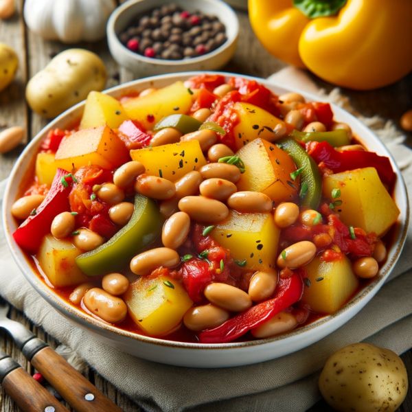 番茄酱烧土豆、玉米和豆子的素食菜肴