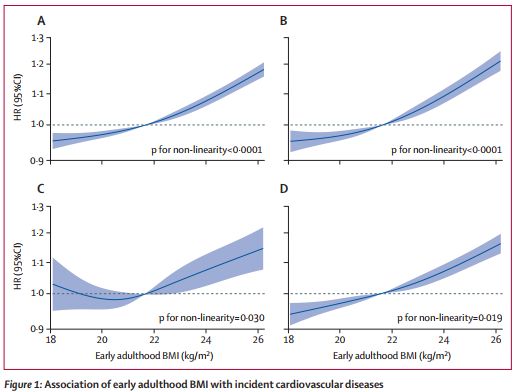 圖3 成年早期BMI與心血管疾?。ˋ）、缺血性心臟?。˙）、出血性腦卒中（C）和缺血性腦卒中（D）發(fā)病率的關(guān)系