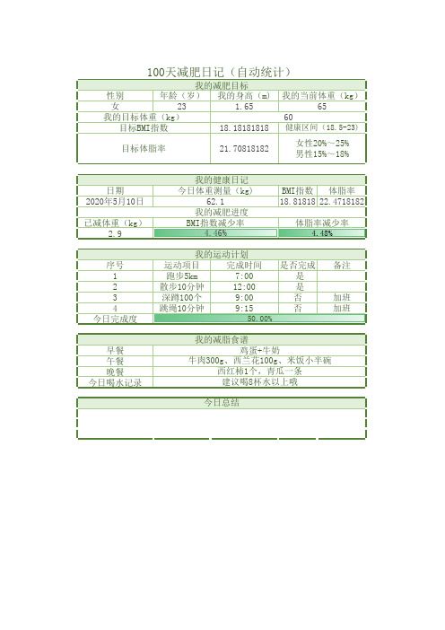 100天减肥记录表(自动计算)