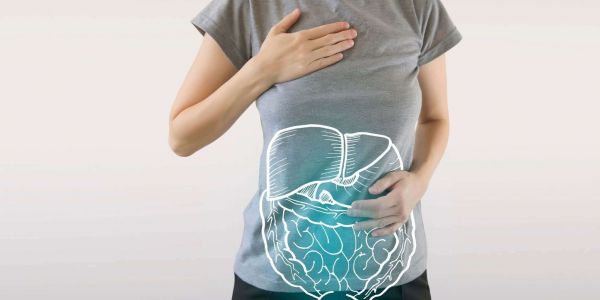 Illustration of the liver and digestive organs on a person's torso, symbolizing improved gut health and liver function through natural remedies and herbal detoxification.