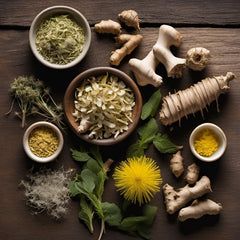選擇草藥和根，包括生薑、蒲公英和乾草本花，突顯它們在支持消化、減少腹脹和自然促進腸道健康方面的作用。