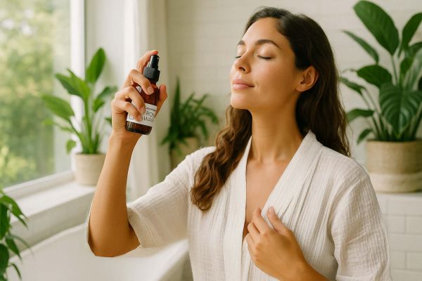 A serene woman in a light robe spritzes rose water on her face in a bright, plant-filled bathroom. The amber glass spray bottle is labeled "Rose Water," suggesting a cooling and refreshing skincare ritual.