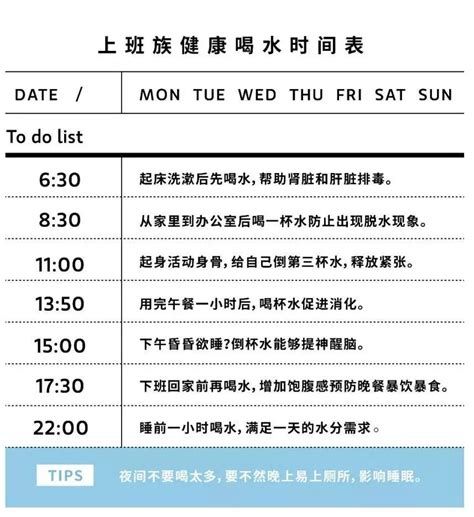 8杯水正确喝水时间表，早晨起床后／餐前半小时／餐后两小时