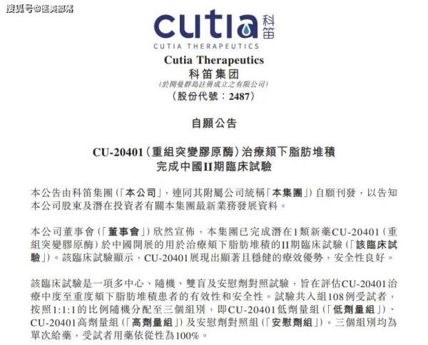 科笛集团 | 旗下「双下巴」溶脂针「CU-20401」完成II期临床试验