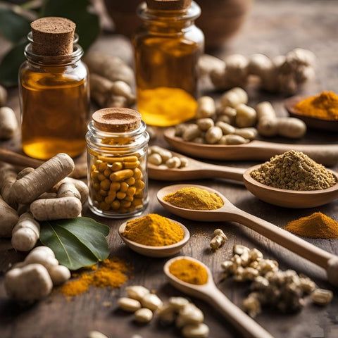 各種天然抗炎藥物，包括 Sacred Plant Co 玻璃罐中的姜黃粉、草藥膠囊、酊劑和姜根，強調(diào)整體疼痛緩解解決方案。