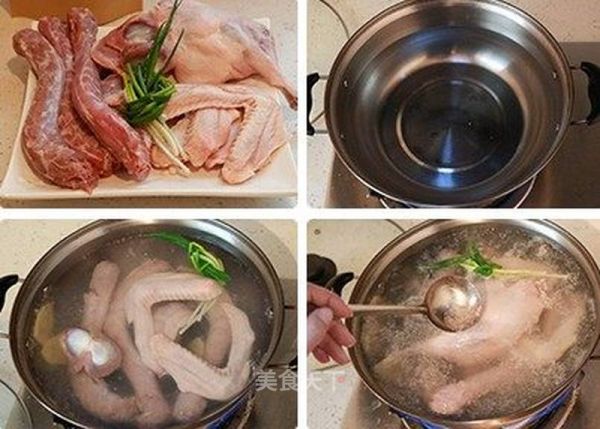 肉食焯掉，清水加入姜片，料酒，蔥節(jié)，水煮沸加入肉食焯水，表面一層血沫煮出即可撈出洗凈備用