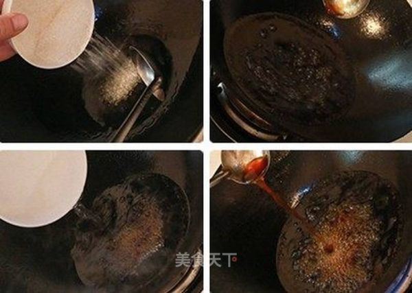 熬炒糖色，冷鍋冷油加入白糖50g，開小火不斷翻炒，直至白糖融化變色，糖色由紅逐漸轉(zhuǎn)黑紅色即可倒入清水，攪拌均勻后即可盛出備用。