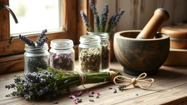 A rustic apothecary setup with jars of dried herbs including lavender, rose petals, and seeds beside a mortar and pestle on a wooden windowsill. 