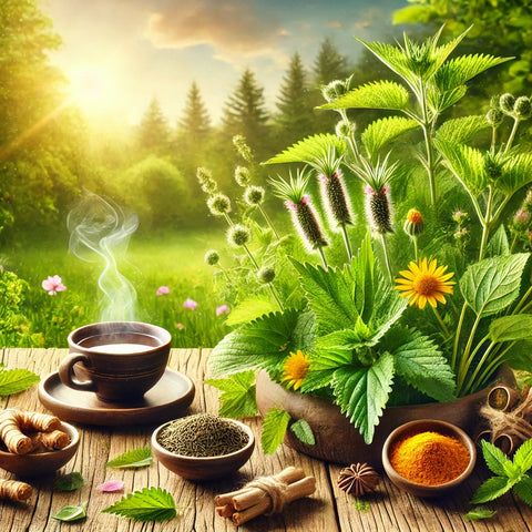 这是一个宁静的自然场景，郁郁葱葱的花园中种满了荨麻、白屈菜和姜黄等新鲜草本植物，木桌上摆放着一杯热气腾腾的花草茶和散落的花瓣，象征着一种自然而整体的缓解过敏的方法。