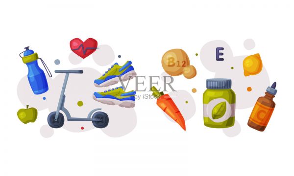 健康飲食和運動用品設置。有機營養(yǎng)食品，補充劑和運動設備矢量插圖插畫圖片素材