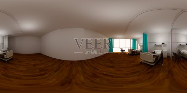 有床的病房。空床和轮椅护理诊所或医院。3d渲染房间和舒适。现代医院，保健理念。三维插图球形360 vr度。照片摄影图片