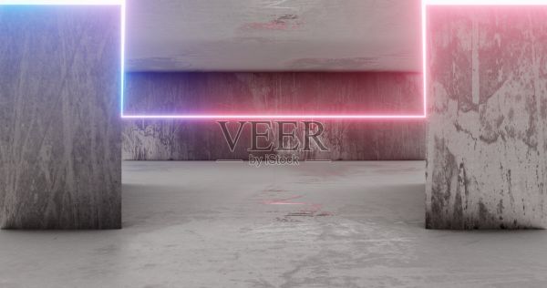 3 d渲染。360度球面无缝vr全景图。抽象空旷黑暗的室内霓虹灯照明，HDRI环境地图的画廊与光滑的墙壁。照片摄影图片