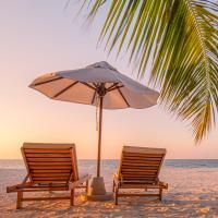Two wooden chairs and an umbrella on the beach with palm trees hanging above.