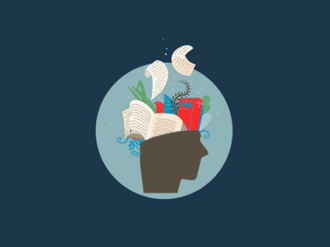 A head with books, pages, and leaves coming out the top 