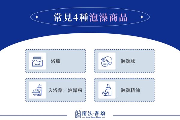 常見(jiàn) 4 種泡澡商品 浴鹽 泡澡球 入浴劑／泡澡粉 泡澡精油