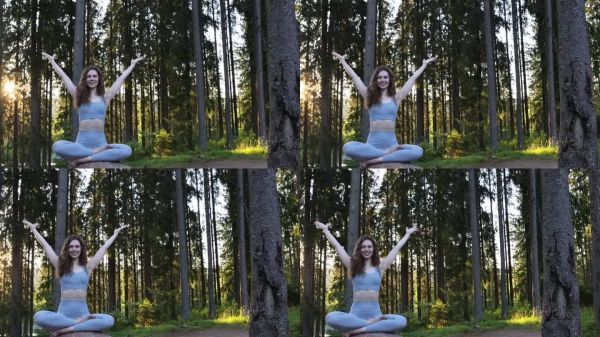 白人女性在森林中練習(xí)瑜伽和冥想，擁有卷曲的紅發(fā)。她呼吸著新鮮空氣，保持身心健康。自然和諧與健康生活方