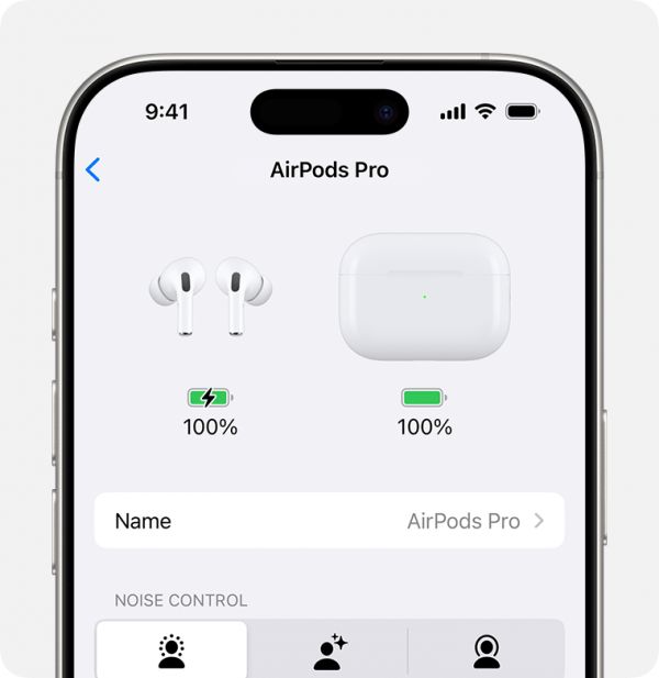 Battery levels of AirPods Pro and charging case in Settings on iPhone.