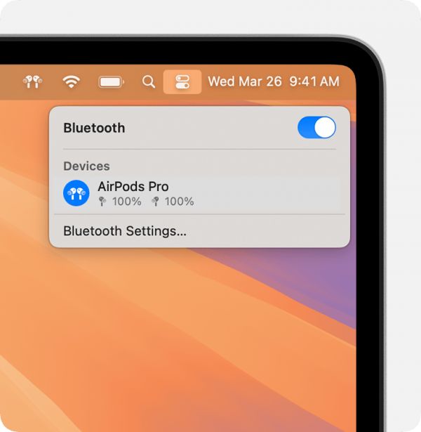 AirPods Pro battery level in Control Center on Mac.