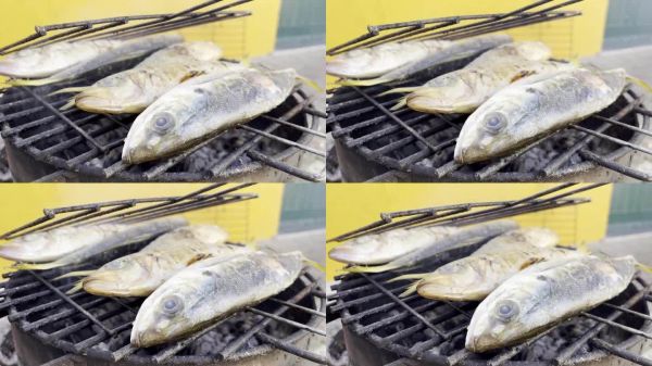 煮鱼的特写镜头。在烤架上烤、烤腌制过的鱼。在木炭上烤的鲭鱼。4 k
