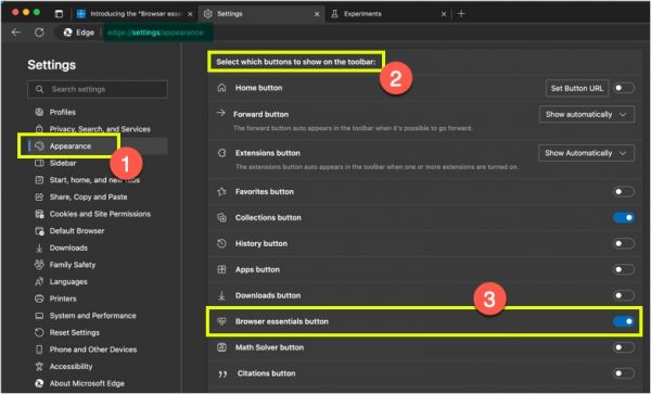 在 Edge 工具栏中显示 Browser Essentials 按钮