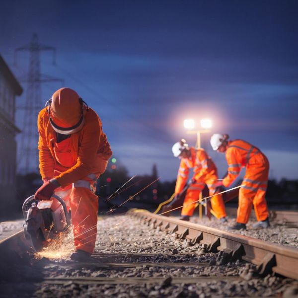 夜間に線路上でグラインダーを使用する鉄道保守作業員