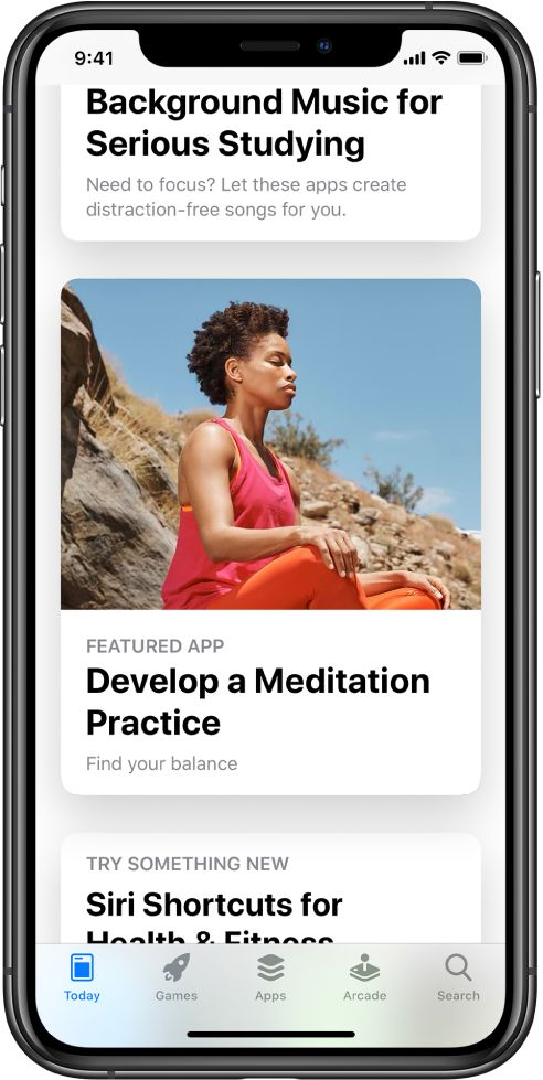 The App Store screen with the Today tab selected at the bottom of the screen. In the middle of the screen is a featured app titled, “Develop a Meditation Practice.”