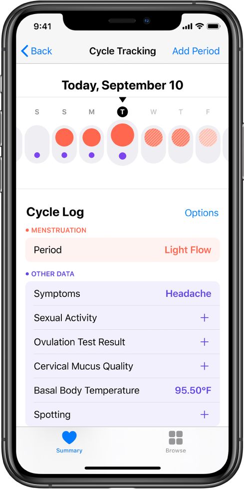 The Cycle Tracking screen in the Health app.