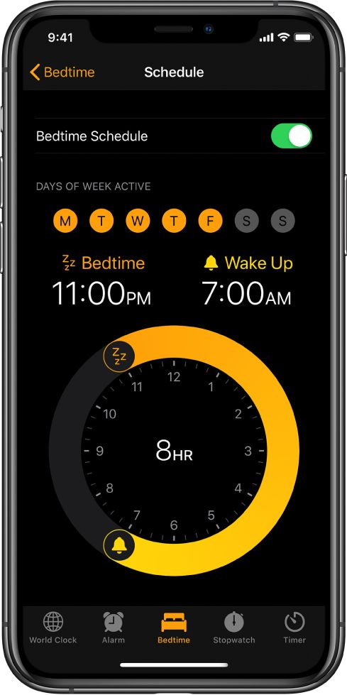 The Bedtime button is selected in the Clock app, showing the sleep time starting at 11:00 p.m. and the wake time set at 7:00 a.m.