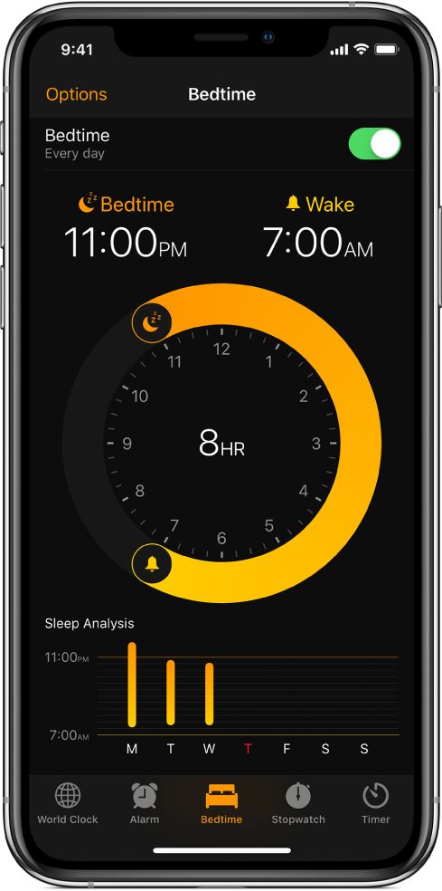 The Bedtime button is selected in the Clock app, showing the sleep time starting at 11:00 p.m. and the wake time set at 7:00 a.m.