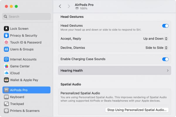 macOS 上的 AirPods Pro 设置中的“听力健康”。