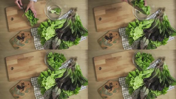 在家里的厨房里切生菜绿叶。蔬菜沙拉